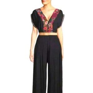 Free People Black Floral Embroidered Blouse